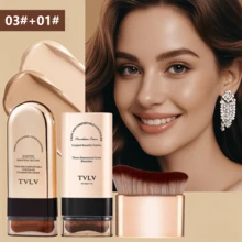 2-Piece Set Of Foundation Stick + Gold-Plated Brush - Waterproof, Sweat-Proof, Matte Effect, Foldable Double-Head Design, Equipped With Paste Brush Head, Suitable For Daily Commuting, Dating, Stage Performance, Photography And Travel - Cream Color Is Also An Excellent Choice For Easter Gifts - 9380+9374+Gilded Brush - View 12