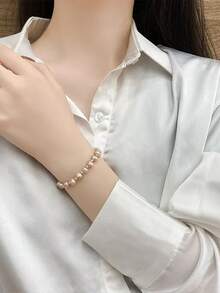 1件粉色/白色不对称仿珍珠手链，镶嵌圆形金属，新娘时尚手链，法式奢华，婚礼礼物，礼服配饰，适合教堂婚礼/正式晚宴/派对/伴娘装扮/周年纪念礼物，夏季，珠宝 - 彩色 - 查看 1