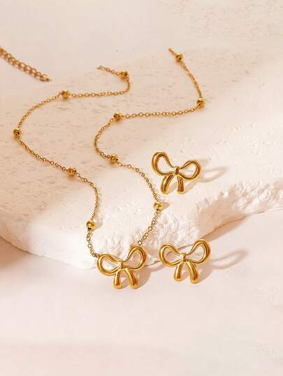 Bộ 3 món trang sức cao cấp bằng thép không gỉ hình nơ, thiết kế nơ rỗng, phù hợp cho sử dụng hàng ngày, đi nghỉ mát, dự tiệc, và làm phụ kiện cưới.