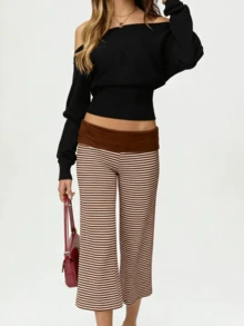 Women's Fold Over Waist Capri Fashionable Casual Solid Color Low Rise Wide Leg Crop Pants - 巧克力棕 - 查看 3