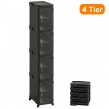 4-Tier Slim Room Storage Cabinet, Narrow Rolling Organizer With Wheels, Adjustable Shelves, Magnetic Doors, Waterproof And Stable Bathroom Storage Organizer, Slim Storage Cabinet For Small Spaces  (Black) - 黑色 - 查看 1