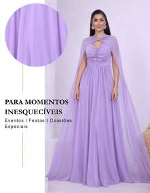 Women's Long Party Dress With Slit, Cape Sleeves, Gathered Bust And Brooch, Solid Color, Elegant, For New Year's Eve, Wedding, Bridesmaid, Graduation. - 紫丁香 - 查看 7