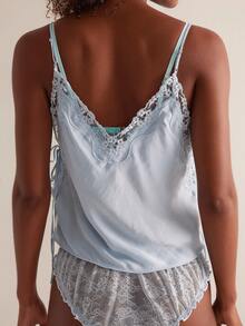 Women Floral Lace Trim Satin Camisole Crop Top Spaghetti Strap V Neck Flowy Silky Cami Tank Tops Summer Sleeveless Bakcless Loose Fit Vest Shirt Y2K Aesthetic Going Out Tops Sleep Lounge Wear Casual Daily Streetwear - 淺藍色 - 查看 2