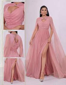 Women's Long Party Dress With Slit, Cape Sleeves, Gathered Bust And Brooch, Solid Color, Elegant, For New Year's Eve, Wedding, Bridesmaid, Graduation. - 乾枯玫瑰色 - 查看 5