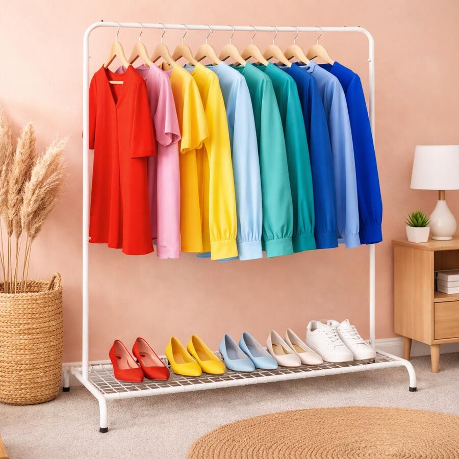 Arara de Roupas Cabideiro Com Sapateiro Expositor Grande Fácil Moderno Sem Sapateira Em Aço Klicmix