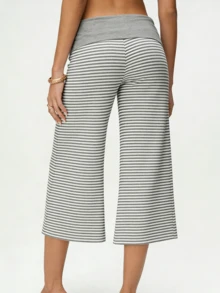 Women's Fold Over Waist Capri Fashionable Casual Solid Color Low Rise Wide Leg Crop Pants - 淺灰色 - 查看 3