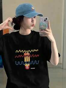 Women's Black Knit Crew Neck Short Sleeve T-Shirt With Funny Fast Food Graphic Print, Regular Length, Slightly Stretchy - Black - View 4
