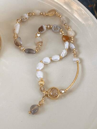 1件双层天然石和仿珍珠串珠手链，多色情侣配饰，独特设计复古奢华手工手链（不规则仿珍珠，各种颜色、尺寸和数量的宝石）