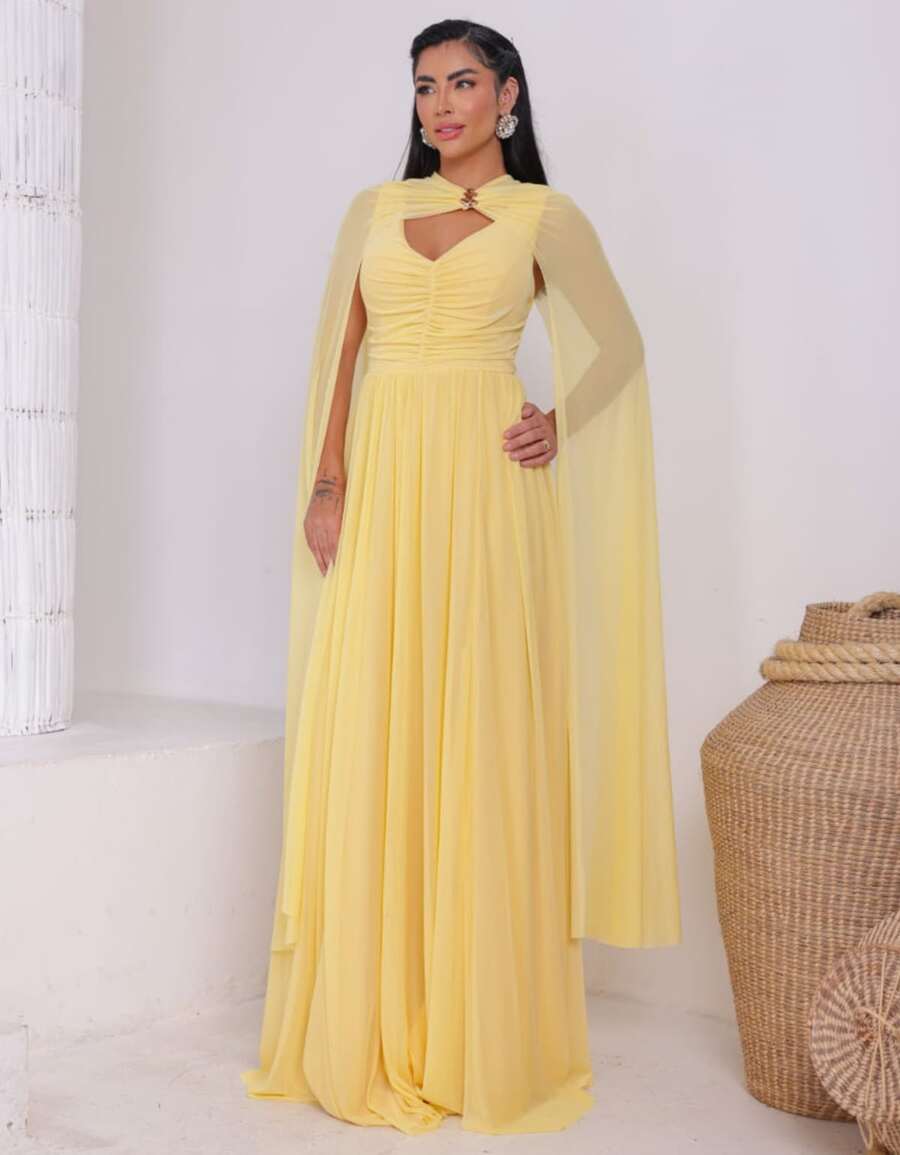 Women's Long Party Dress With Slit, Cape Sleeves, Gathered Bust And Brooch, Solid Color, Elegant, For New Year's Eve, Wedding, Bridesmaid, Graduation. - 黃色 - 查看 1