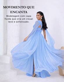 Women's Long Party Dress With Slit, Cape Sleeves, Gathered Bust And Brooch, Solid Color, Elegant, For New Year's Eve, Wedding, Bridesmaid, Graduation. - 寧靜藍 - 查看 3