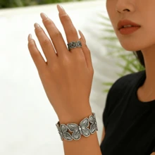 2pcs Vintage Elegant Butterfly Inlay Design Bracelet & Ring Set, Suitable For Women's Daily And Party Wear - Multicolor - View 3