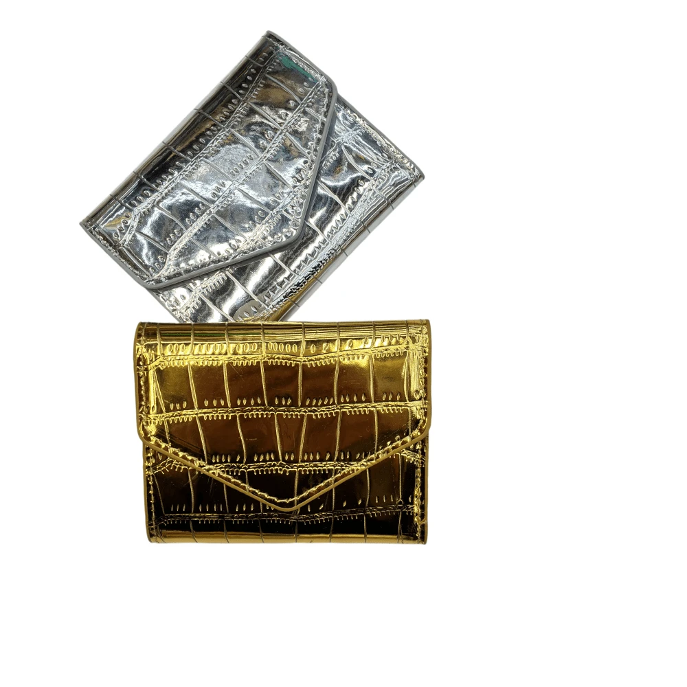 2 件套亮面金银鳄鱼纹压花钱包卡包，优质材料，实用百搭 - 金色 - 查看 1