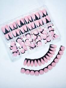 288Pcs Gentle French Ballet Series Nail Art Full Cover Adhesive Press-On Nails With Elegant Shine And French Design, Suitable For All Women And Girls, Everyday Wear Nail Supplies Nails - Black and White - View 3