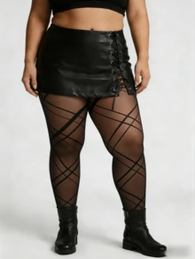 女士系带格纹条纹紧身裤 - 束腰后背格纹设计，弹力十足，时尚前卫，适合音乐节、街头风和约会之夜穿着。 - 黑色 - 查看 6