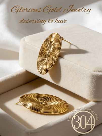 Lady's Gold Earrings - A Striking Combination Of 18K Gold-Plated Stud Earrings And Drop Earrings - Oval Shape, U-Shaped, Textured Stainless Steel Material, Non-Allergenic, Lightweight, Fashionable Ladies' Accessories