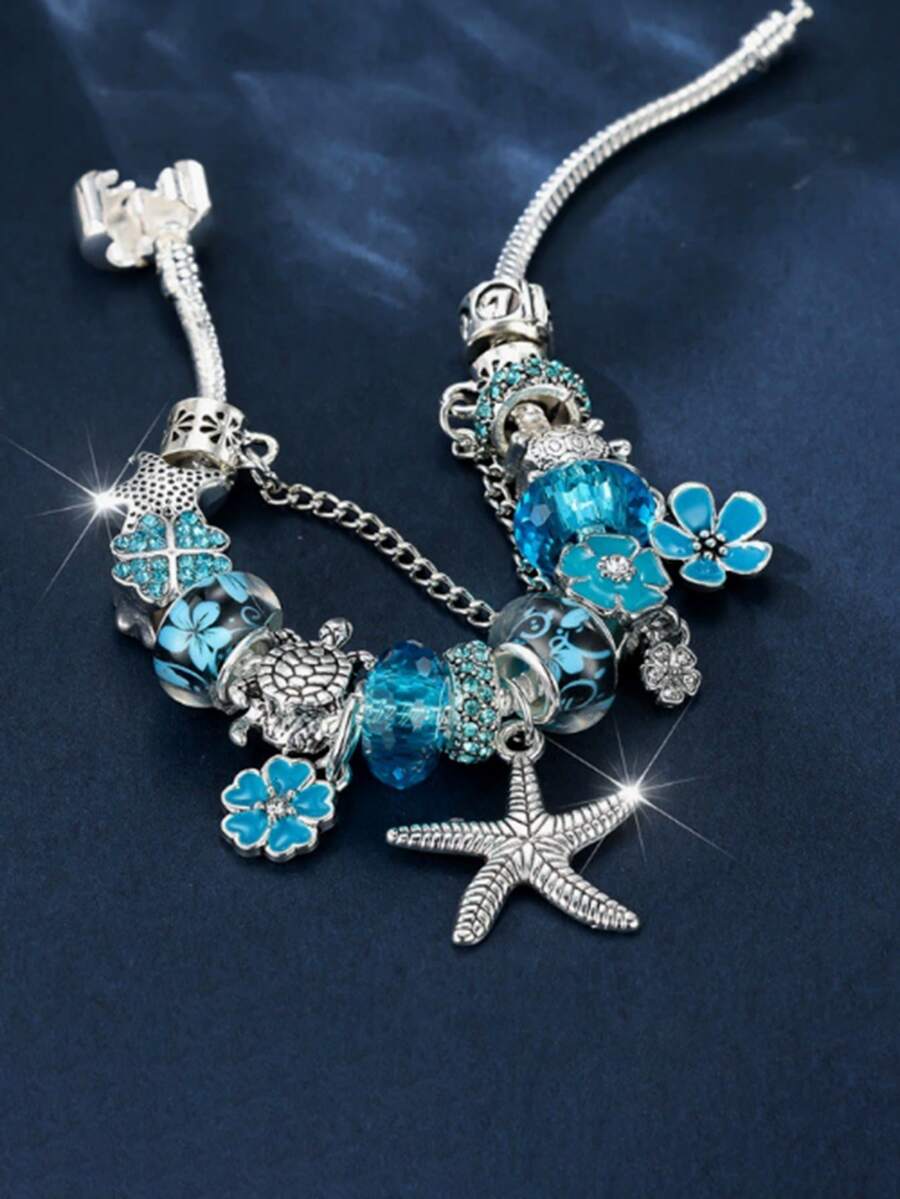 1件欧美时尚创意女士夏季海洋风手链，新款蓝色珐琅花朵、海星、海龟吊坠手链 - 藍色 - 查看 1