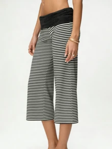 Women's Fold Over Waist Capri Fashionable Casual Solid Color Low Rise Wide Leg Crop Pants - 黑與白 - 查看 2