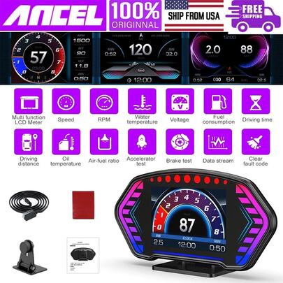  ANCEL P3 OBD2 HUD Car Display, GPS Speedometer Head Up Display, Real-Time Driving Data Monitor, RPM Water Temp Voltage Gauge, Plug & Play Car Dashboard Tool For Cars Since 1996