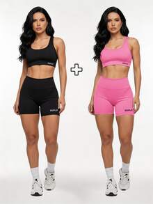 Kit Of 2: Top And Shorts Set, High-Waisted Shaping Gym Fashion For Women - Hitam/Merah Muda - View 6