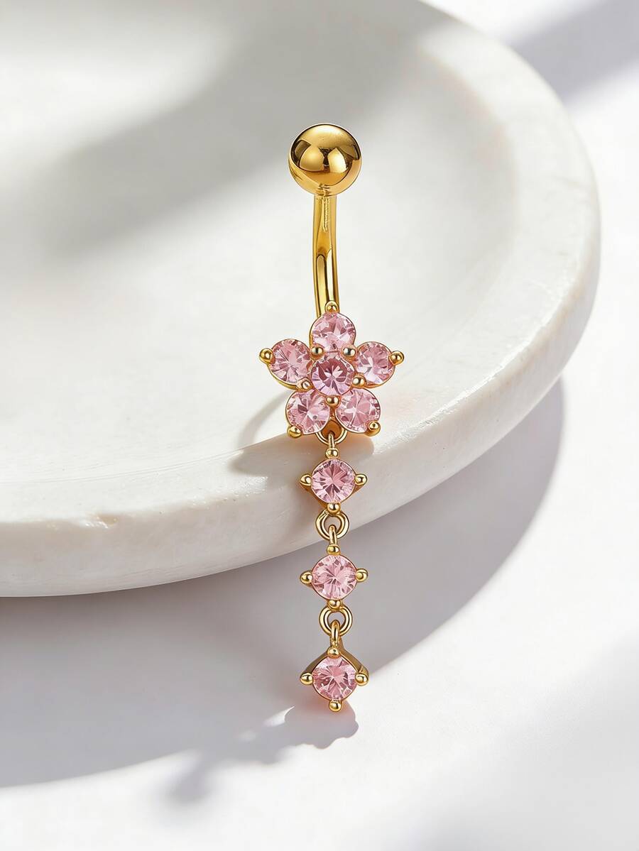 1 pieza Anillo de perforación del ombligo con flor de cristal doble y planta - oro rosa - Ver 1