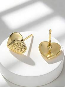 Charm-In Winged Heart Textured 18K Gold Plated Stud Earrings | Dainty Romantic Fashion Earrings For Women | Perfect For Everyday & Gifting Wear - Gold - View 3