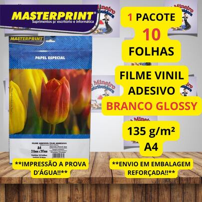 Kit 10 Folhas Vinil Adesivo Branco 135g A4 para Impressão Jato de Tinta A Prova d'água Masterprint Nacional Brasil