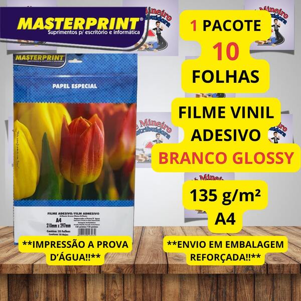 Kit Vinil Adesivo Branco 135g A4 para Impressão Jato de Tinta A Prova d'água Masterprint Nacional Brasil