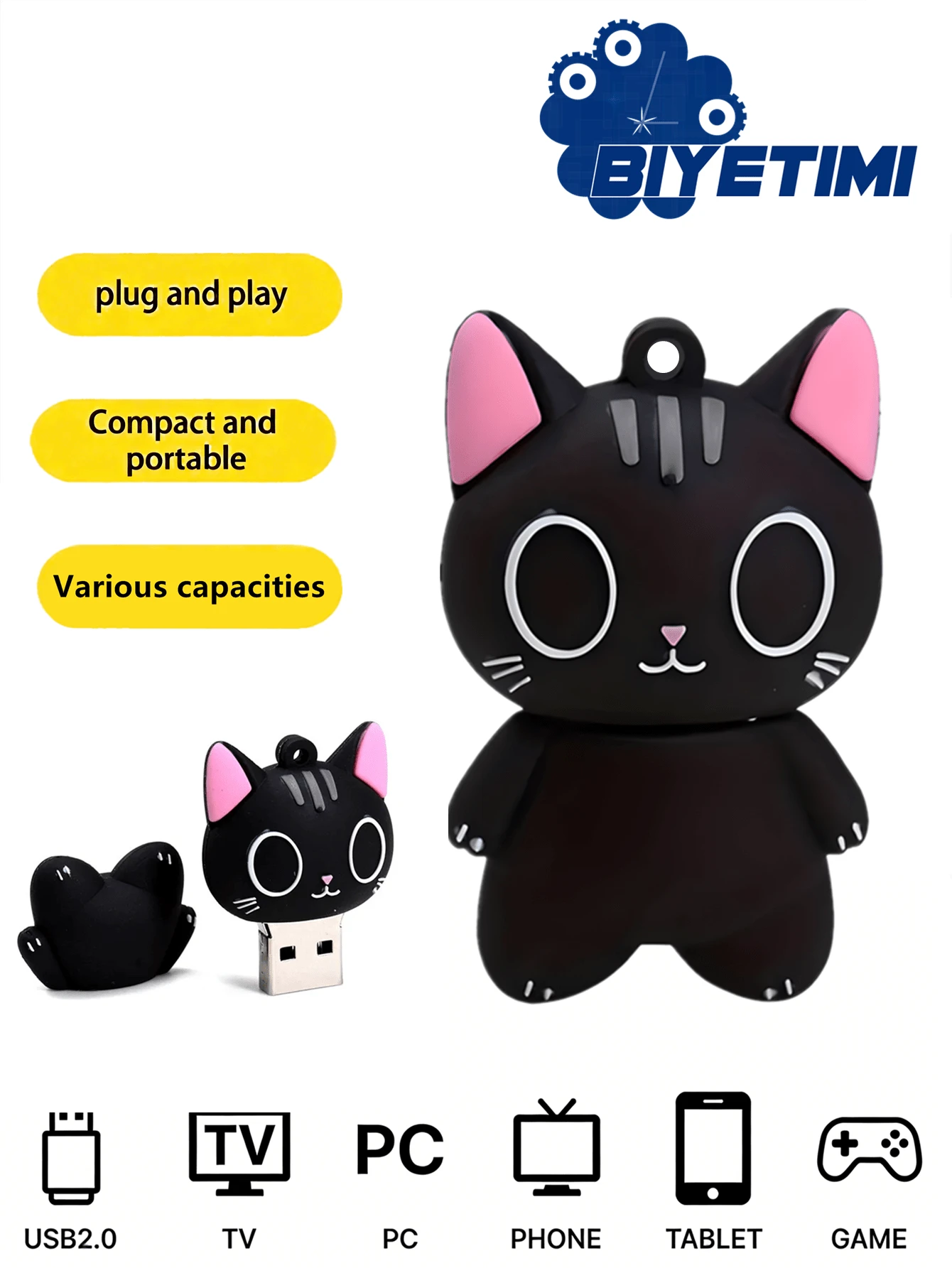 Biyetimi 128GB 可爱黑猫图案U盘，64GB 2.0 卡通小狗图案U盘，32GB U盘，64GB U盘，女孩礼物 - 黑色 - 查看 1