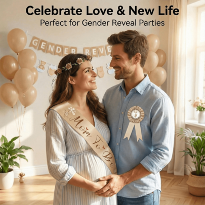 Schärpe und Krone Set für werdende Mütter, Babyparty Schärpe mit Rosettenabzeichen und Blumen-Haarreif, Boho Babyparty Dekorationen Schwangerschaftsankündigung Partyzubehör