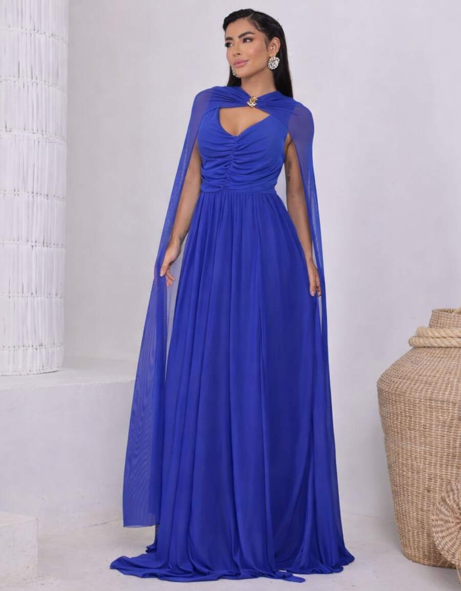 Women's Long Party Dress With Slit, Cape Sleeves, Gathered Bust And Brooch, Solid Color, Elegant, For New Year's Eve, Wedding, Bridesmaid, Graduation. - 藍色 - 查看 1