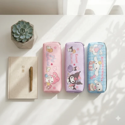  [Bestseller autorizado de SANRIO] 1 pieza aleatoria Estuche de lápices de dibujos animados alegres y lindos de SANRIO, equipado con diseño con cremallera, fácil de abrir y cerrar, amplio espacio interior para guardar lápices, reglas, borradores y otros artículos de papelería, también se puede usar para guardar cosméticos, cables, pequeños accesorios, artículo práctico y coleccionable]