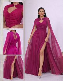 Women's Long Party Dress With Slit, Cape Sleeves, Gathered Bust And Brooch, Solid Color, Elegant, For New Year's Eve, Wedding, Bridesmaid, Graduation. - 玫瑰紅 - 查看 5