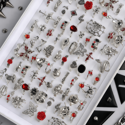 20pcs/Set Vintage Punk Spider & Skull Ring Set, Suitable For Women & Men, Multi-Style Mix & Match, Gothic Dark Style, Suitable For Halloween, Party, Holiday Wear