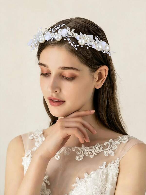 1Pc Elegant Gold Tone Pearl Floral Bridal Headband Handmade Organza Flower Hair Piece With White Ribbon Wedding Hair Accessory For Brides Bridesmaids Prom Evening Party