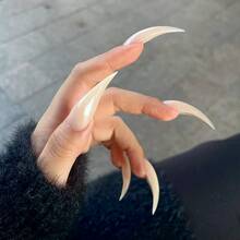 10片手工闪亮长龙爪美甲贴片，黑灰色闪粉尖头野兽美甲，原创设计，100%贴合，加厚可重复使用甲片 - 杏色 - 查看 2