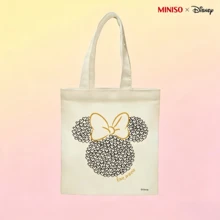 MINISO X Disney Minnie Mouse Heart Mosaic Canvas Tote Bag, Beige Love, Minnie Reusable Shoulder Bag, Minimalist Cartoon Grocery Bag For Travel & Shopping - 1pc - 查看 6