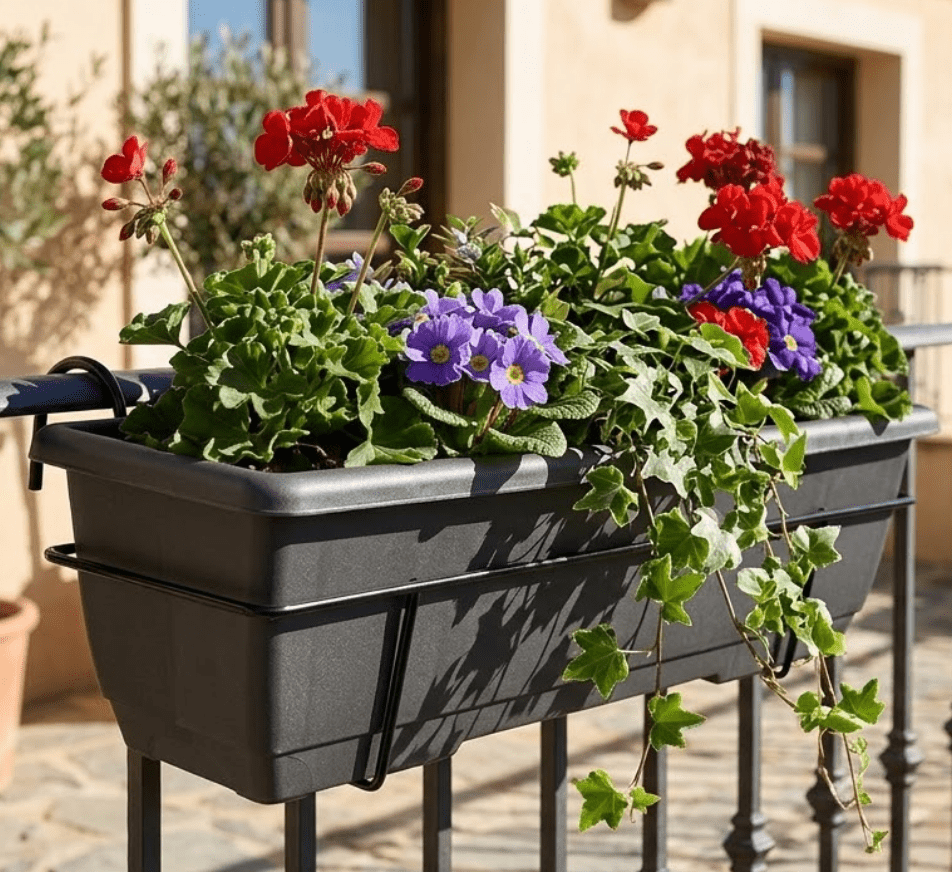 Vaso retangular cinza para varanda com pires e suporte de metal, disponível em 3 tamanhos: 40/50/60 cm, ideal para plantas de interior e exterior, estilo moderno para grades e terraços.