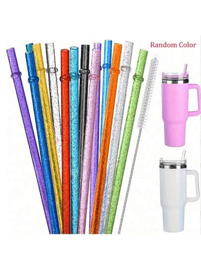 Paie cu sclipici din plastic transparent, extra lungi, de 31,2 cm/23,8 cm, reutilizabile, potrivite pentru căni și sticle de 0,4 litri, include perie de curățare, accesorii pentru petreceri