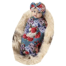 Receiving Blanket Headband Set Flower Print Baby Swaddle Blankets - 藏蓝色 - 查看 3