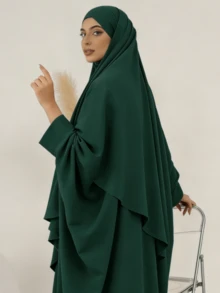 两件套穆斯林女性祈祷服套装，长袖宽松长袍，祈祷头巾，适合节日穿着 - 彩色 - 查看 7