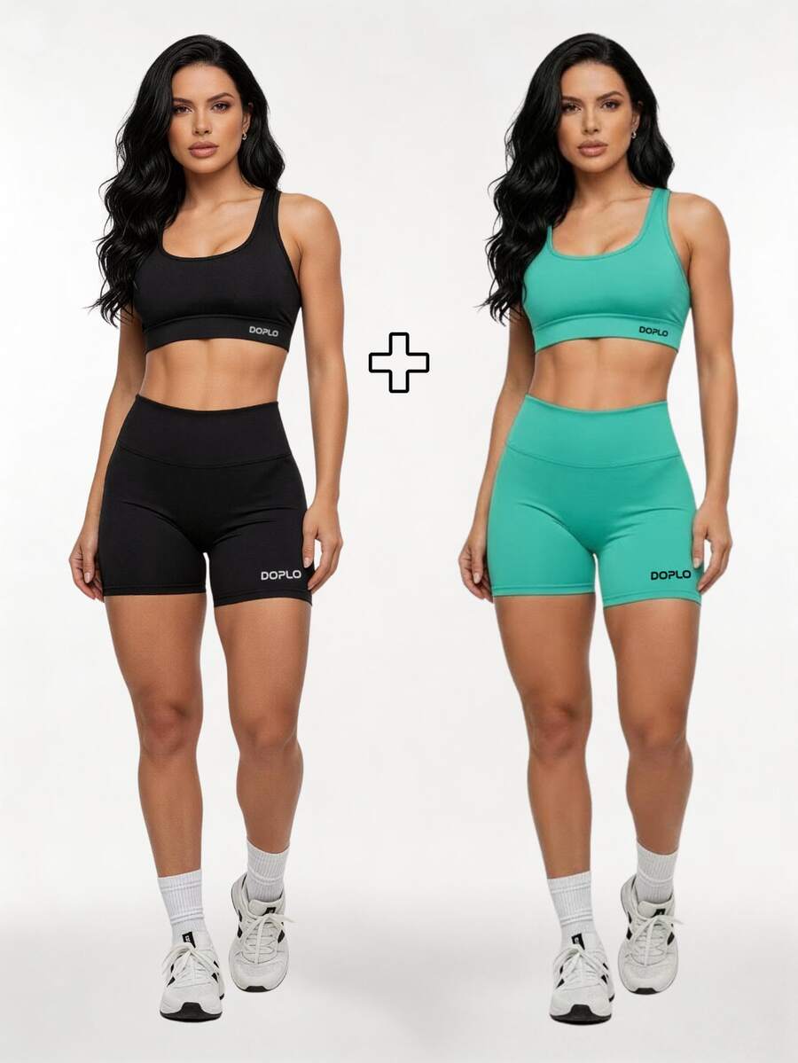 Kit Of 2: Top And Shorts Set, High-Waisted Shaping Gym Fashion For Women - Đen/Xanh ngọc - Xem 1