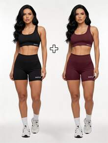 Kit Of 2: Top And Shorts Set, High-Waisted Shaping Gym Fashion For Women - 黑/酒紅色 - 查看 7