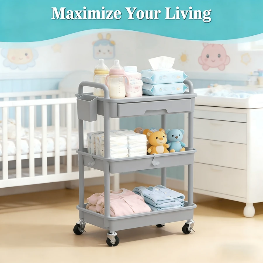 3 Tier Rolling Cart With Drawer, Bathroom Storage Organizer With 2 Lockable Wheels, Multifunctional Rolling Storage Cart For Bathroom, Kitchen, Office, Craft, Makeup, Baby Essentials, White - 灰色的 - 查看 1