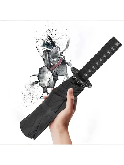 1pc Black Samurai Sword Shaped Umbrella, 3-Fold Samurai Sword Handle Umbrella, Black Business Folding Umbrella, Made Of Impact-Resistant Fabric, Creative Portable Umbrella, Windproof Travel Umbrella, One-Button Auto Open, Sturdy Fiberglass Umbrella Frame, Waterproof Canopy, Backpack Carry,Outdoor,Garden,Travel Essentials