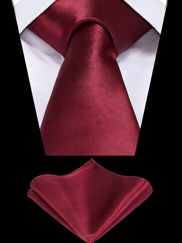 1set Men's Solid Color Tie Pocket Square Set Satin Tie Handkerchief Set Business Tie Pocket Square