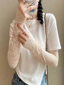 女士夏季蕾丝防晒袖套，透气网眼设计，不闷热，亲肤蕾丝不扎皮肤，高弹力不紧绷，适合驾驶、户外活动、通勤、日常穿着，可搭配白色T恤/衬衫/连衣裙。 - 多色 - 查看 3
