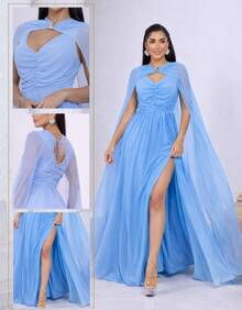 Women's Long Party Dress With Slit, Cape Sleeves, Gathered Bust And Brooch, Solid Color, Elegant, For New Year's Eve, Wedding, Bridesmaid, Graduation. - 寧靜藍 - 查看 5