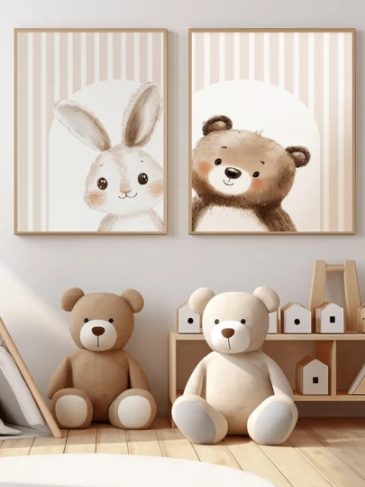 Tranh treo tường bằng vải bố có khung, họa tiết thỏ và gấu, bộ tranh trang trí phòng trẻ em, tranh kẻ sọc trang trí phòng trẻ em, trang trí phòng trẻ em chủ đề động vật trung tính, trang trí phòng trẻ em trung tính, trang trí nhà cửa chủ đề động vật rừng, phòng trẻ em phong cách Boho, phòng trẻ em phong cách Boho, quà tặng trẻ em, quà tặng em bé