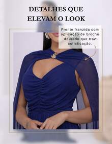 Women's Long Party Dress With Slit, Cape Sleeves, Gathered Bust And Brooch, Solid Color, Elegant, For New Year's Eve, Wedding, Bridesmaid, Graduation. - 藏蓝色 - 查看 4
