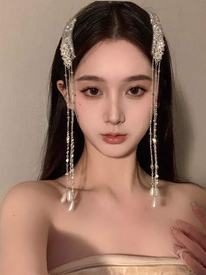 1 chiếc kẹp tóc tua rua dài hình vuông/tròn màu bạc đính ngọc trai giả, mặt dây chuyền hình giọt nước lấp lánh, phụ kiện đội đầu thời trang cô dâu, phụ kiện váy cưới sang trọng tinh tế, phù hợp cho đám cưới nhà thờ/lễ cưới/tiệc trang trọng/tiệc theo chủ đề/kiểu tóc cho phù dâu.